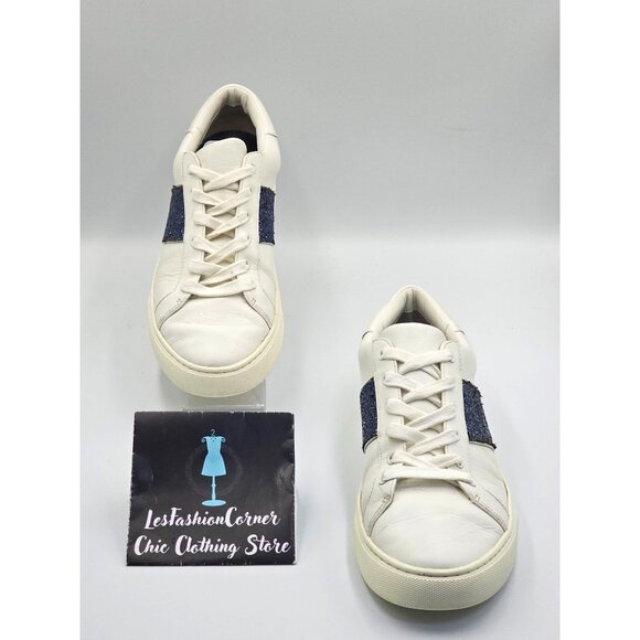 Tory Burch Women's White Leather Blue Glitter Carter Flat Sneakers Sz 11M 2661 - Picture 2 of 16